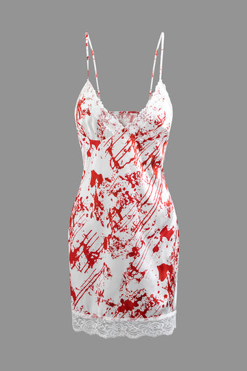 Bloodstain Print V-neck Lace Trim Mini Dress