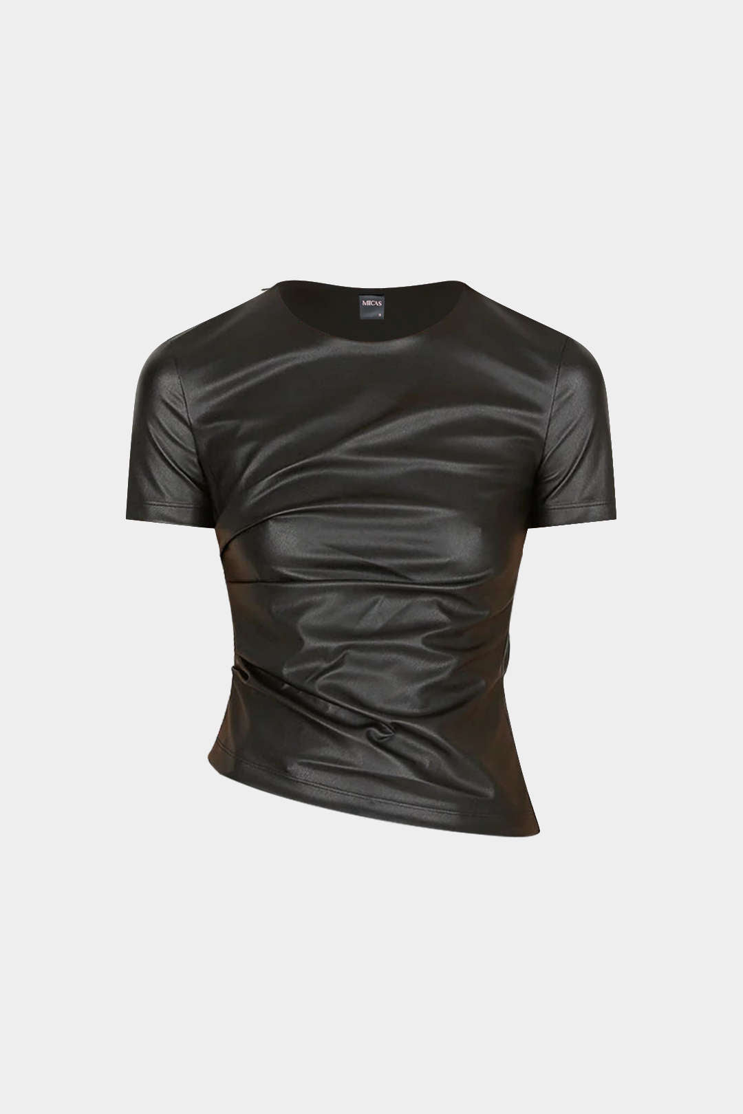 Faux Leather Round Neck Ruched Short-Sleeve Top