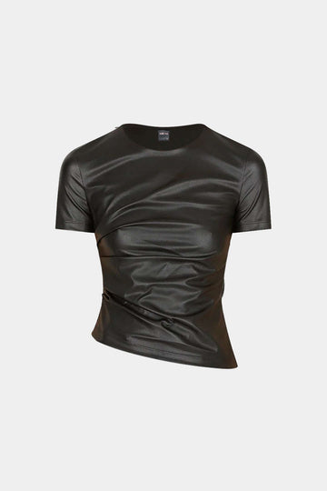 Faux Leather Round Neck Ruched Short-Sleeve Top