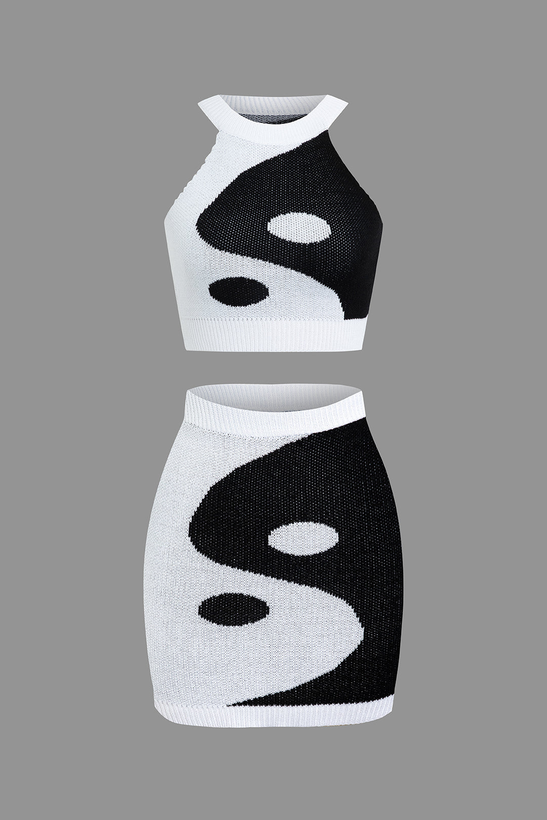 Tai Chi Print Contrast Crop Knit Top And Mini Skirt Set