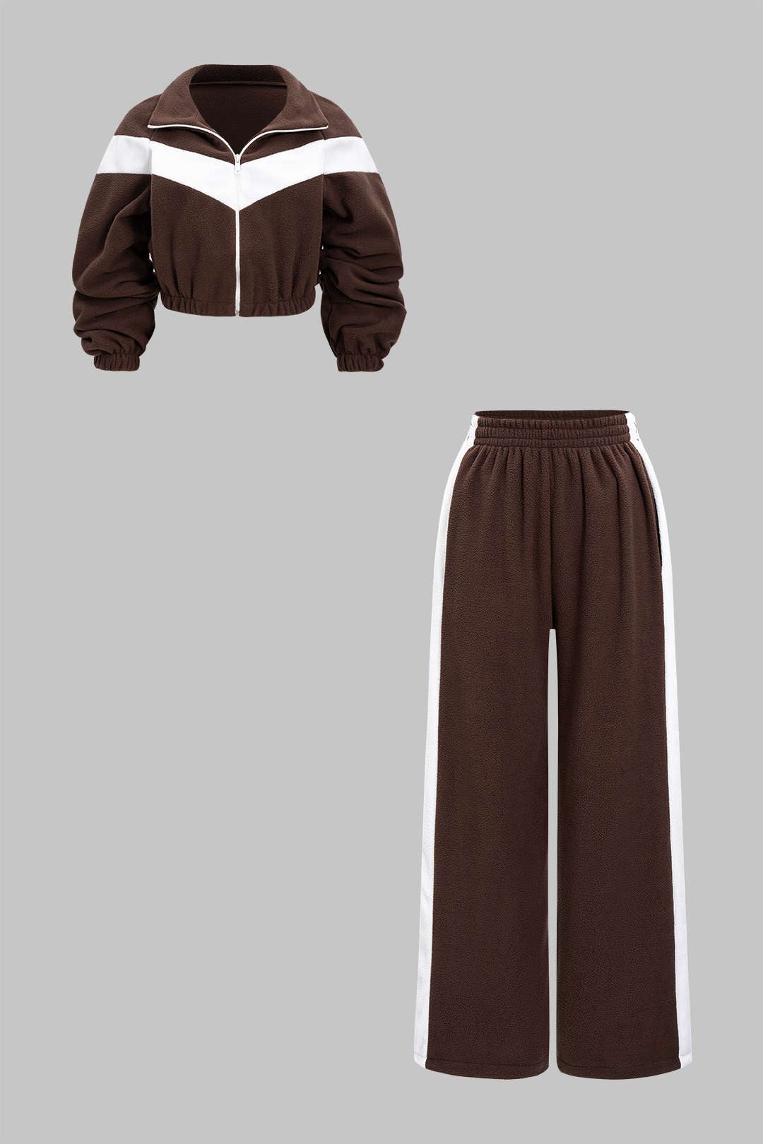 Contrast Ruched Zipper Sweatshirt And Shirred Waistband Pants Set