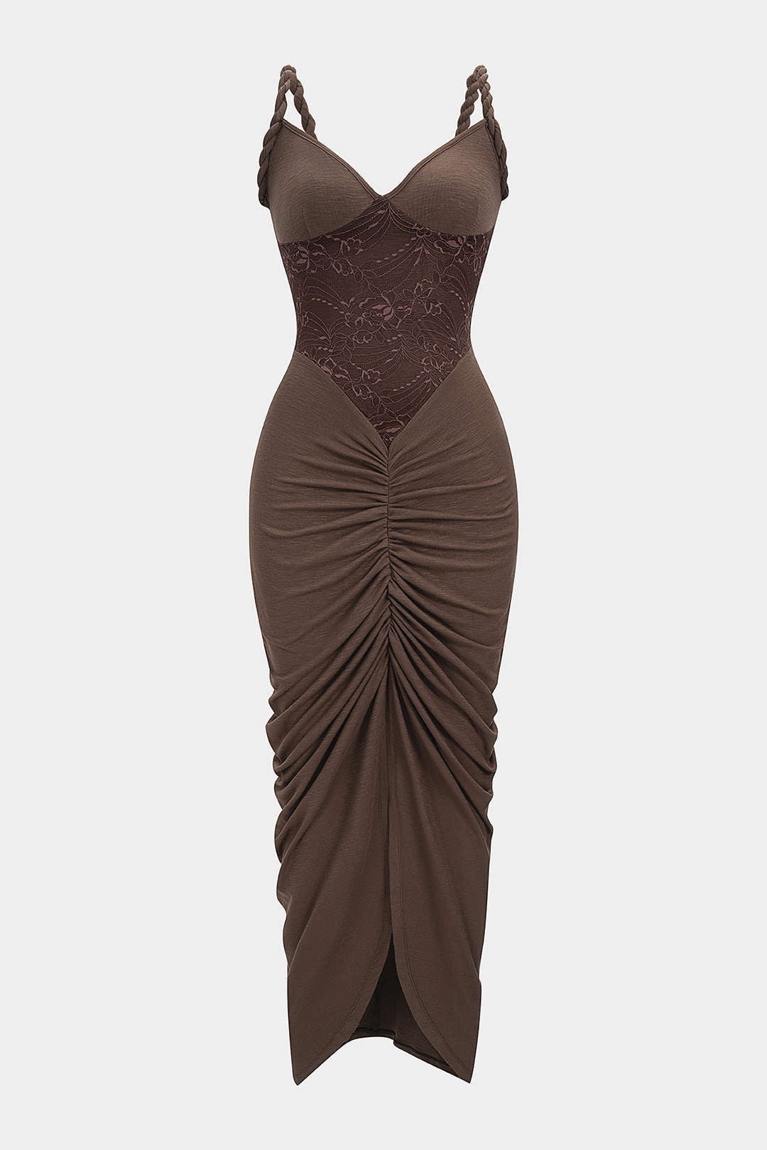 Lace Patchwork Ruched Twist Knot Slip Sleeveless Maxi Dress