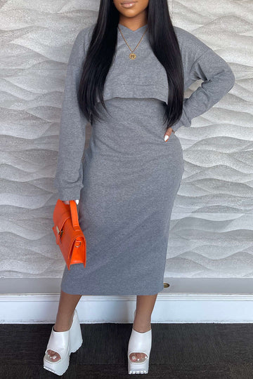 Basic V-neck Sleeveless Maxi Dress And Hooded Crop Sweatshirt Set