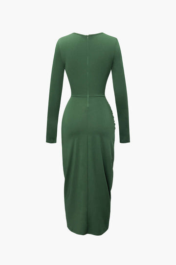 Twist Front Cut Out Ruched Long Sleeve Midi Dress