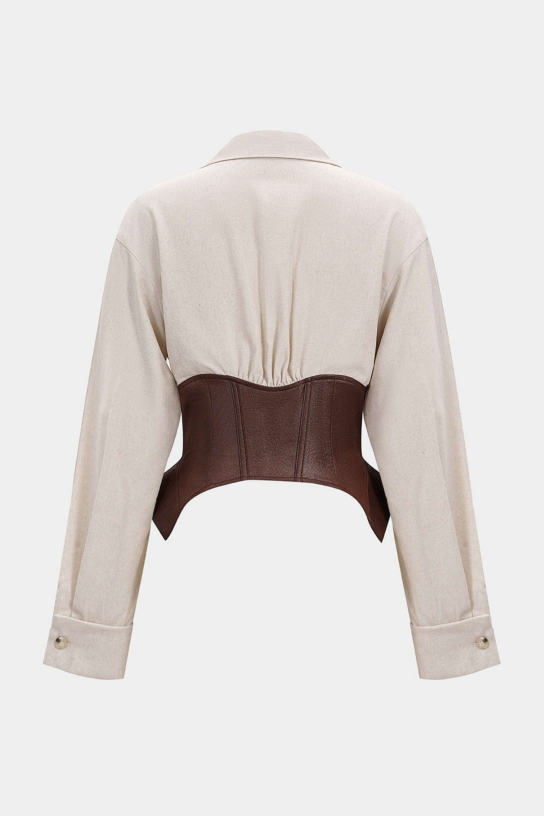 Faux Leather Linen Metallic Patchwork Long-Sleeve Shirt