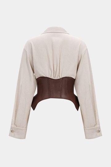Faux Leather Linen Metallic Patchwork Long-Sleeve Shirt