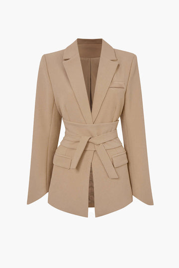 Basic Solid Gotched Rapel Belted Blazer