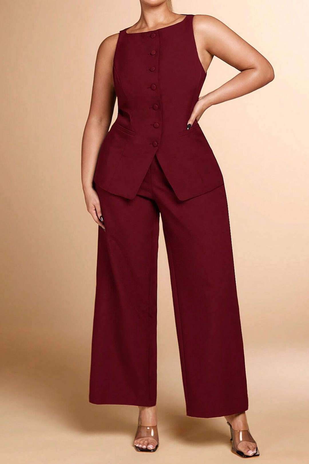 Plus Size Button Sleeveless Top And High Waist Trousers Set