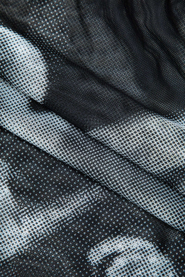 Swan Print Sheer Mesh Asymmetrical Hem Long Sleeve Top