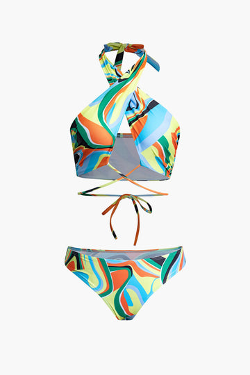 Swirl Print Cross Halter Bikini And Cover Up Skirt 3-Piece Set