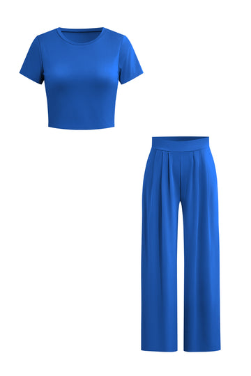 Solid Crop T-shirt And Pleated High Waist Wide Leg Pants Set