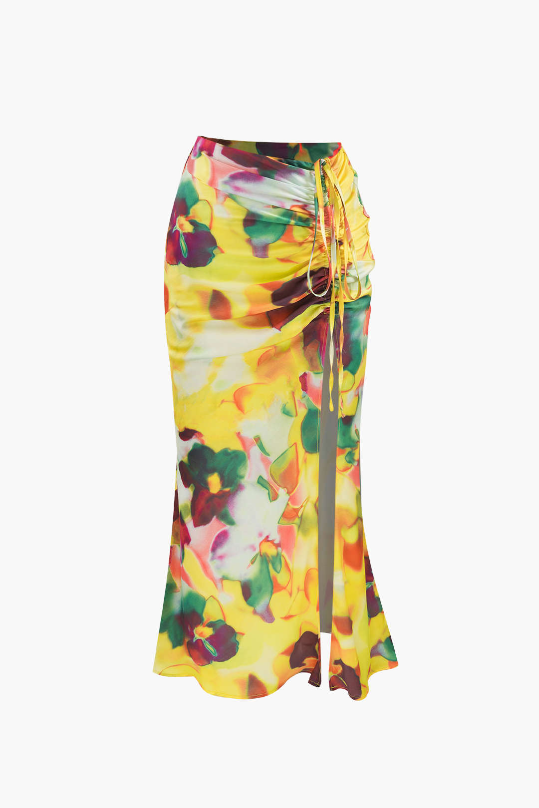 Floral Print Drawstring Ruched Slit Midi Skirt