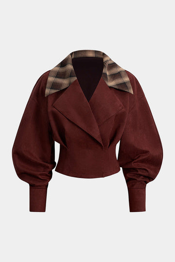 Suede Patchwork Notched Lapel Long-Sleeve Top