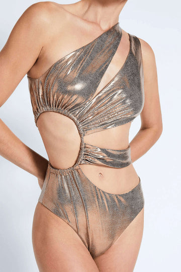Metallic Cut Out Ruched Asymmetrical One-Piece Swimsuit