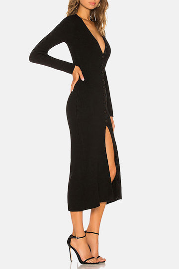 Button Up Ribbed Knit Long Sleeve Maxi Dress