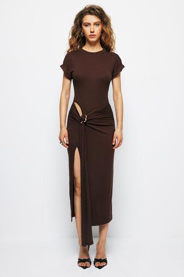 Tie Cut Out Ruched Midi Dress