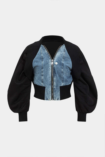 Patchwork Zipper Denim Outerwear Jacket