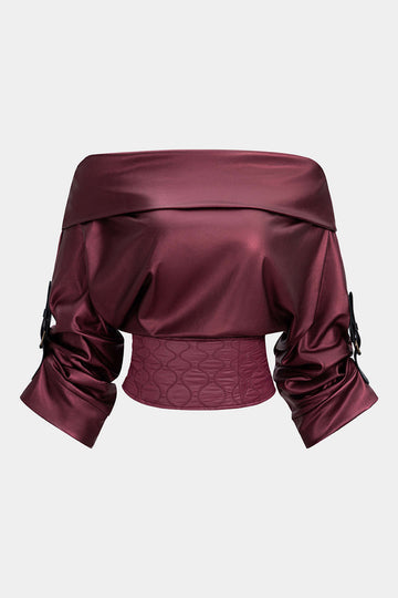 Faux Leather Quilted Patchwork Off Shoulder Long-Sleeve Shirt