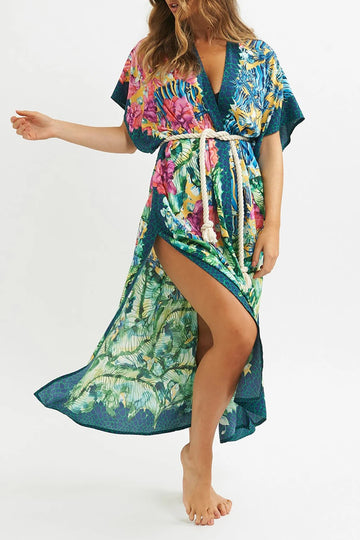 Floral Print Rope Detail Beach Cover-Up
