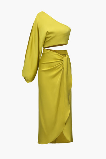 One Shoulder Cut Out Ruched Satin Midi Dress