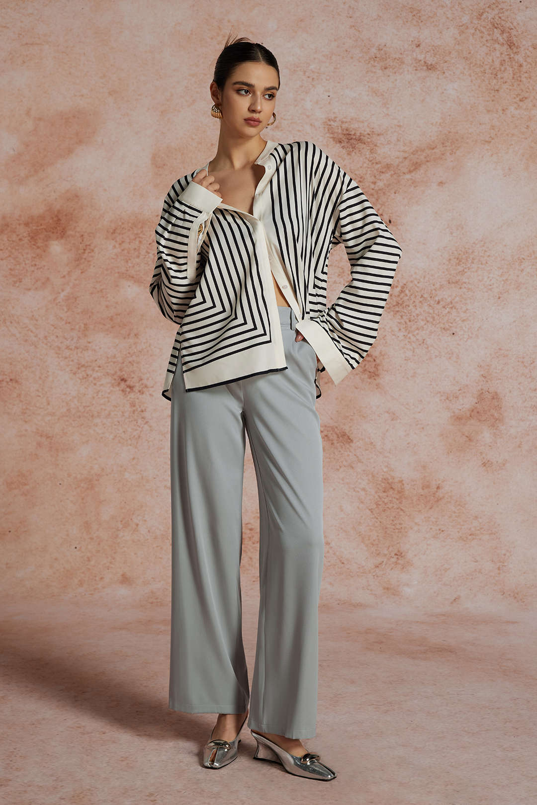 Stripe Print Satin Long-Sleeve Shirt