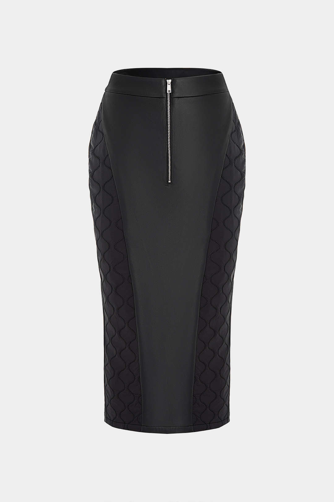 Faux Leather Quilted Patchwork Zipper Split Skirt