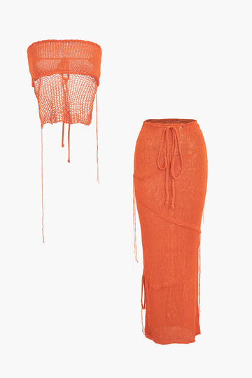 Crochet Backless Tube Top And Split Skirt Set