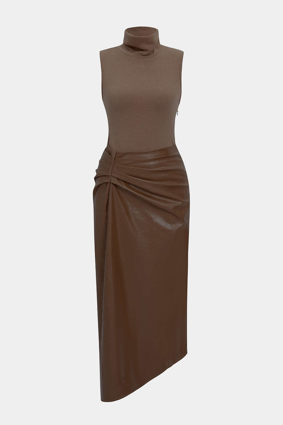 Faux Leather Patchwork High Neck Pleated Sleeveless Maxi Dress