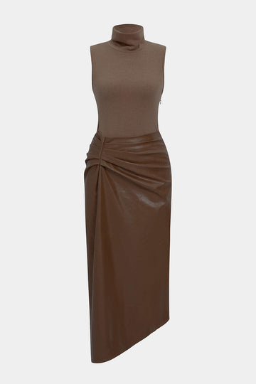 Faux Leather Patchwork High Neck Pleated Sleeveless Maxi Dress