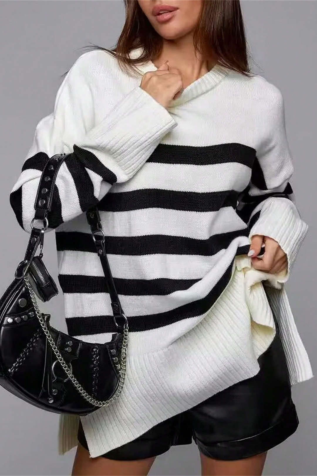 Oversized Contrast Stripe Long Sleeve Knit Sweater