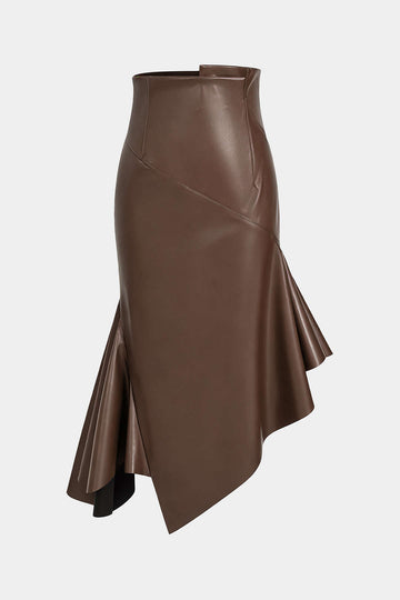 Faux Leather Asymmetrical Hem Ruched Skirt