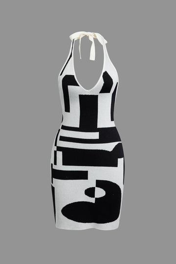 Colorblock V-neck Halter Tie Knit Mini Dress