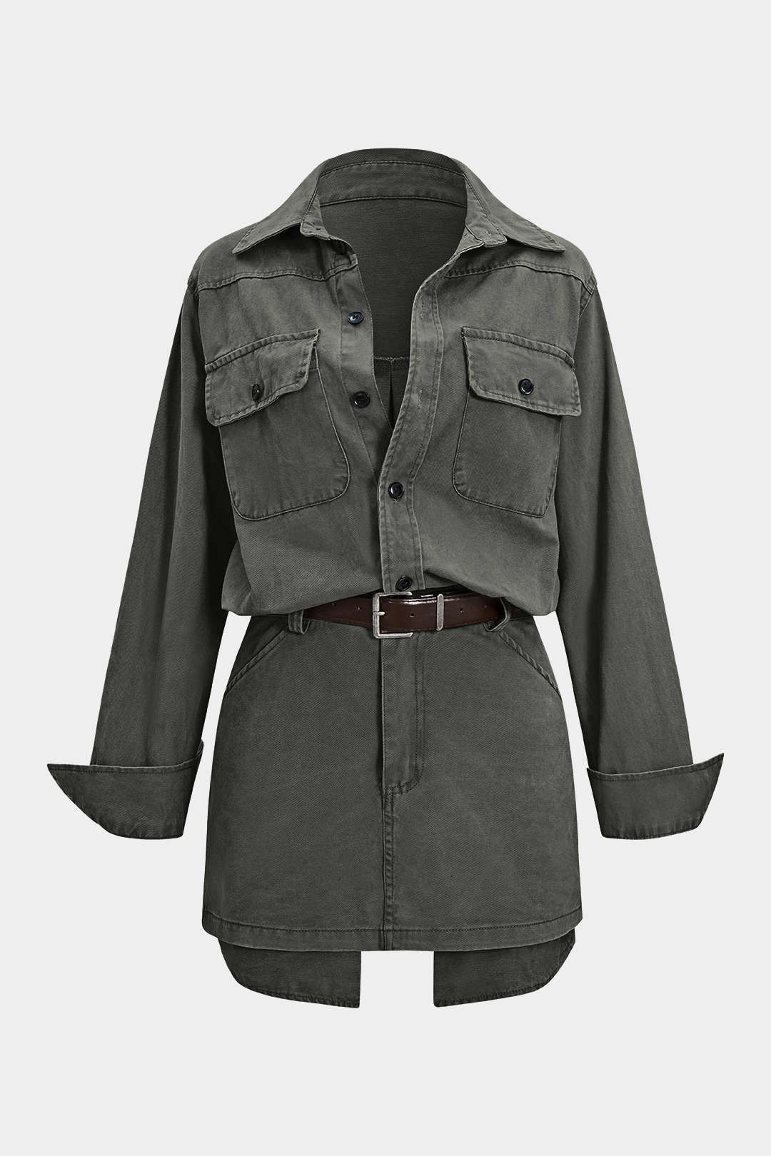 Denim Button Pocket Belted Long Sleeve Dress