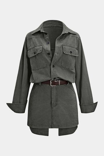 Denim Button Pocket Belted Long Sleeve Dress