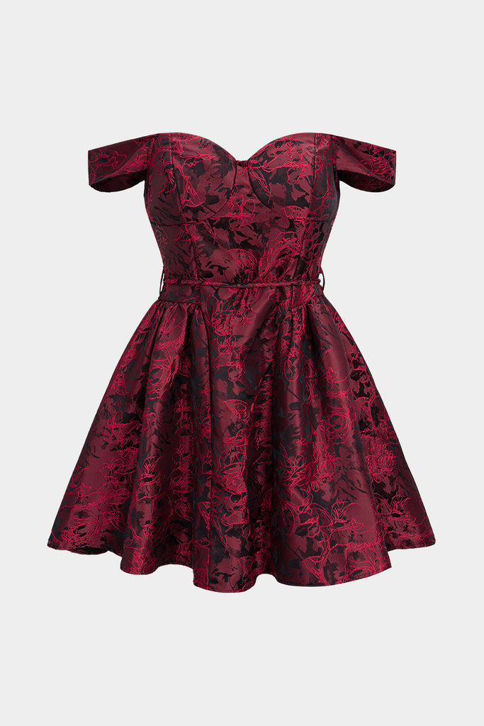 Floral Print Jacquard Off Shoulder Backless Sleeveless Mini Dress Micas Floral Print Jacquard Off Shoulder Backless Sleeveless Mini Dress Micas