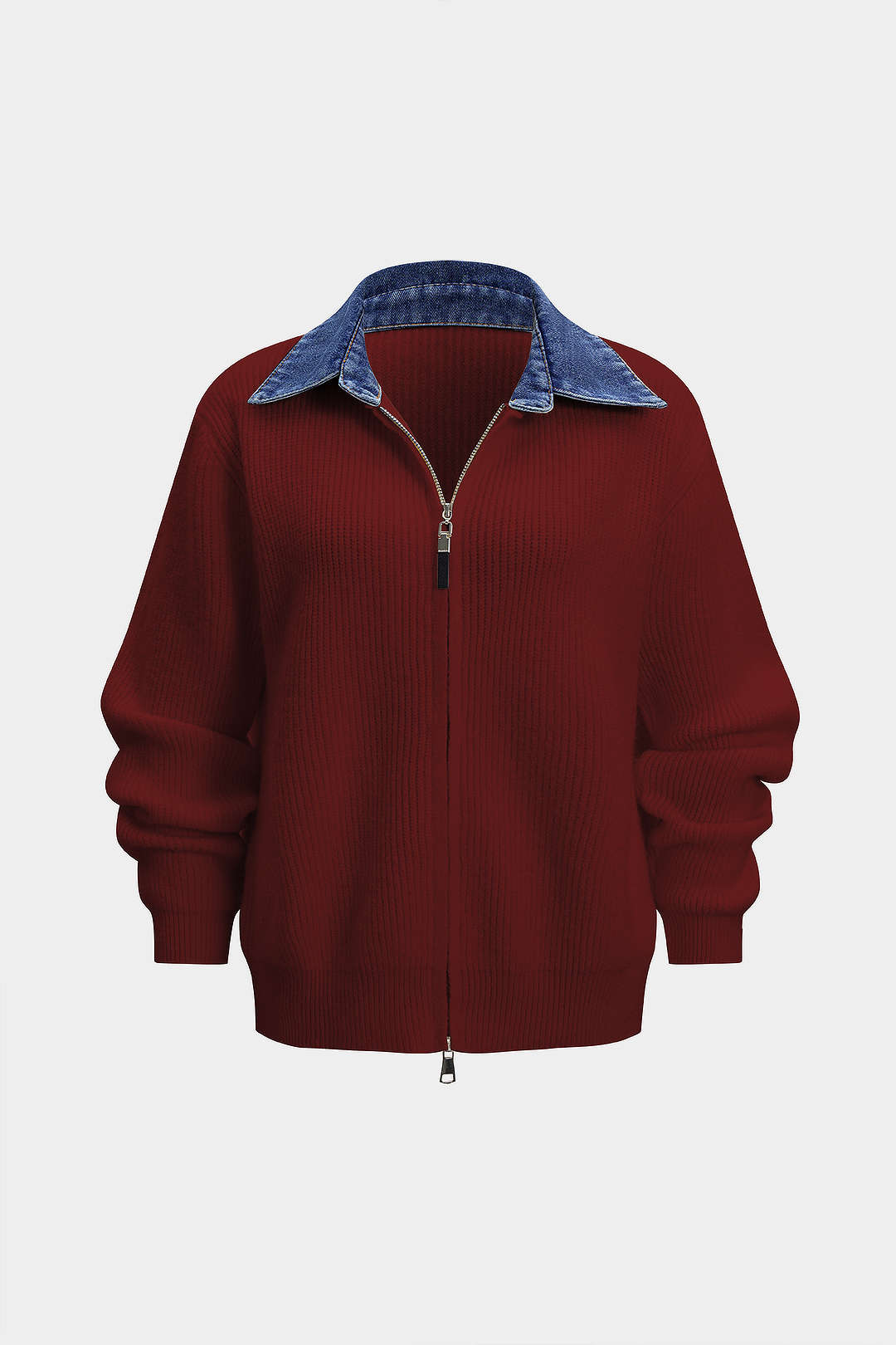 Knit Denim Patchwork Zipper Cardigan