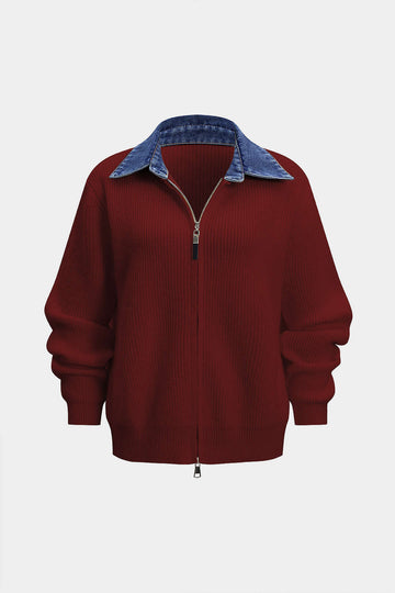 Knit Denim Patchwork Zipper Cardigan