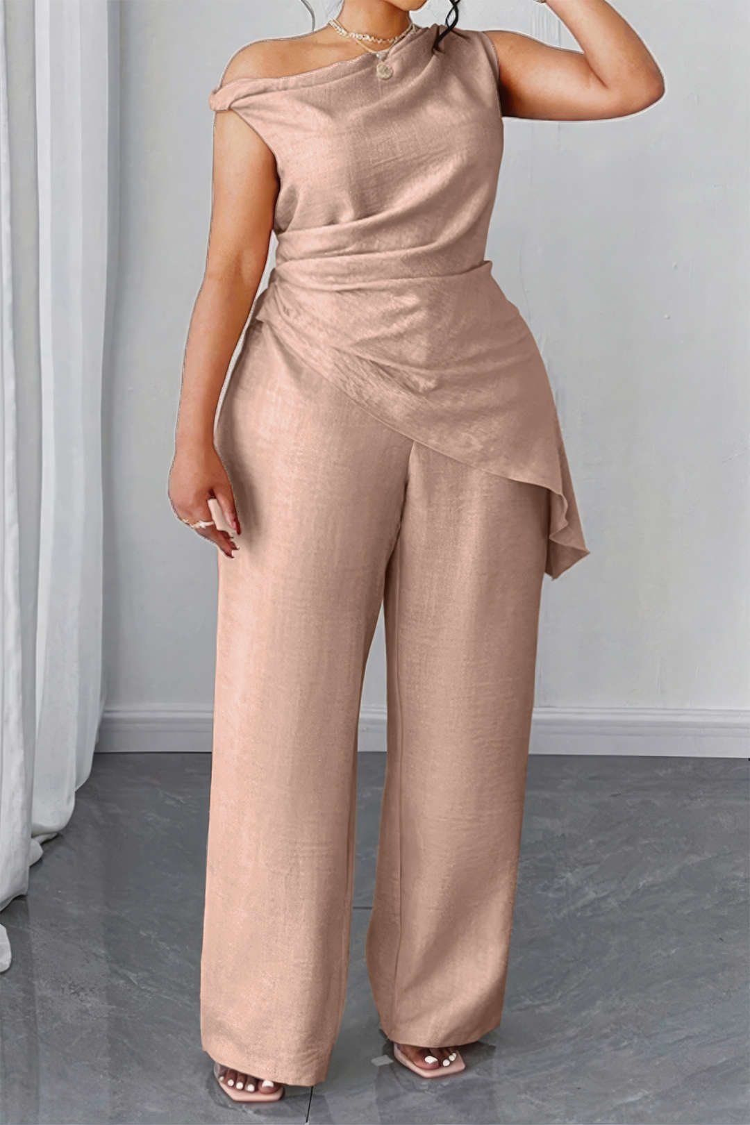 Plus Size Asymmetrical Ruched Trousers Set