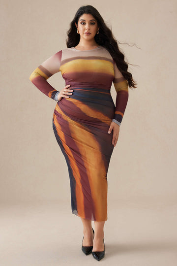 Plus Size Ombre Print Mesh Long Sleeve Round Neck Midi Dress