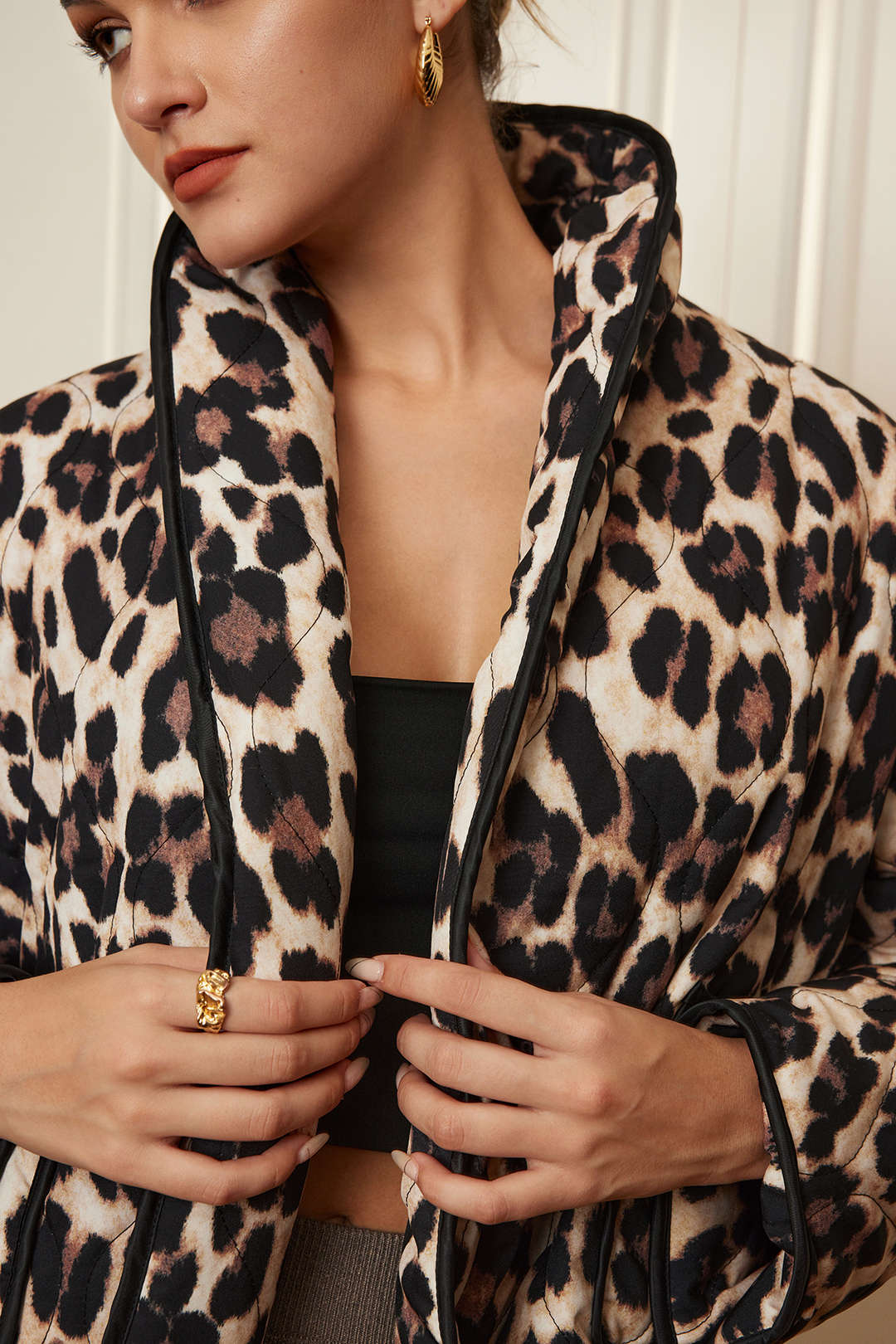 Leopard Print Contrast Binding Puffer