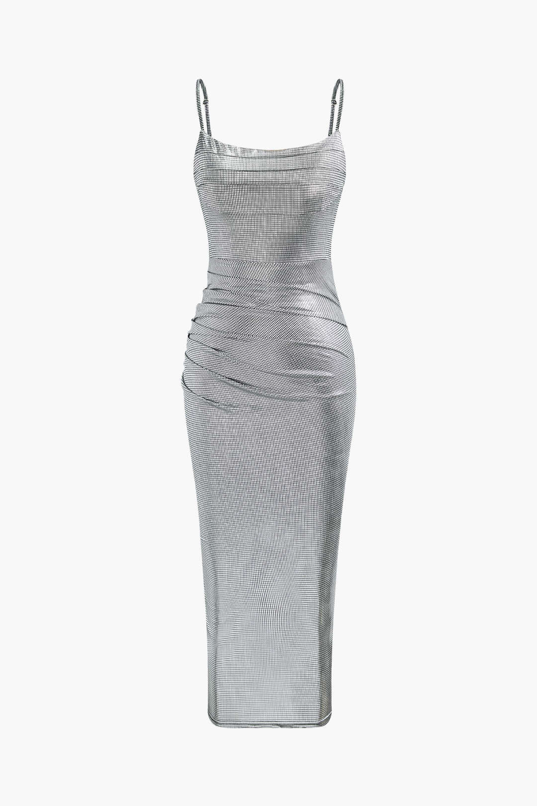 Metallic Ruched Slit Maxi Dress