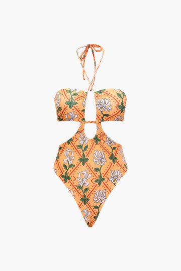 Floral Print Tie Halter Cut Out Ruched Swimsuits And Wrap Cover-Up Skirt Set