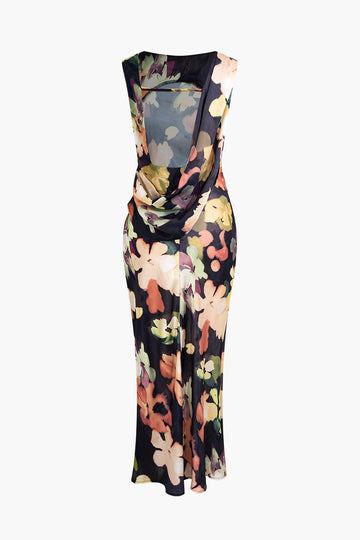 Floral Print Ruched Backless Sleeveless Slit Maxi Dress