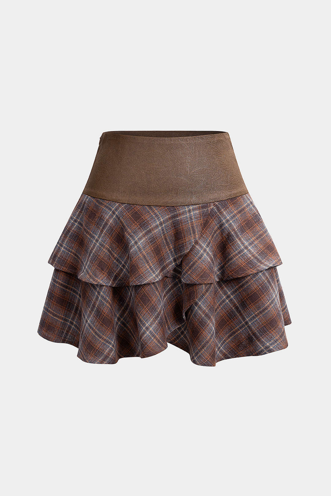Plaid Print Faux Leather Patchwork Layered Ruffle Hem Skirt