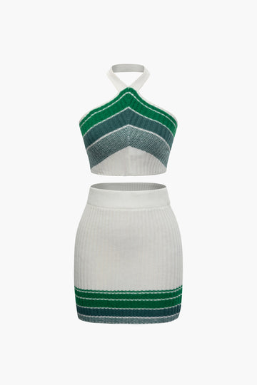 Stripe Rib Knit Halter Cami Top And Mini Skirt Set