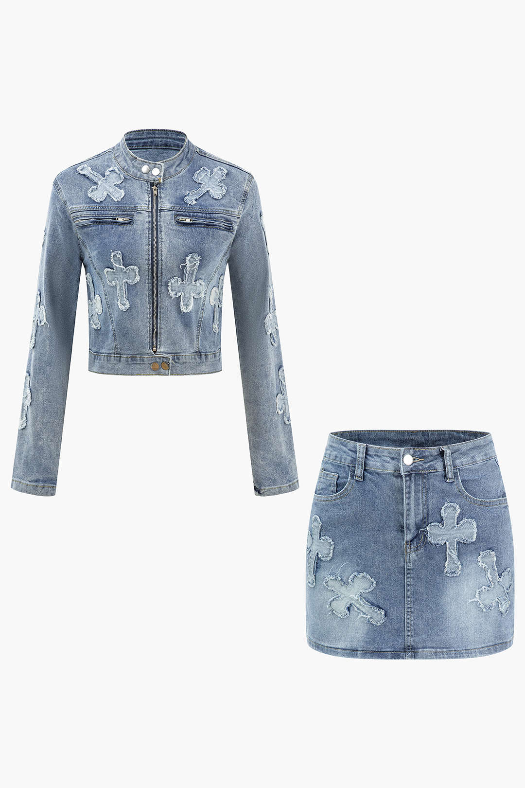 Cross Patch Distessed Denim Jacke und Minirock -Set