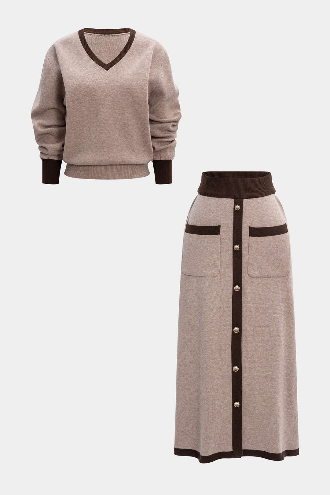 Knit Contrast V-Neck Long-Sleeve Top And Button Skirt Set