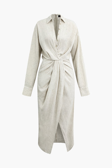 Linen Ruched Button-Up Slit Midi Shirt Dress