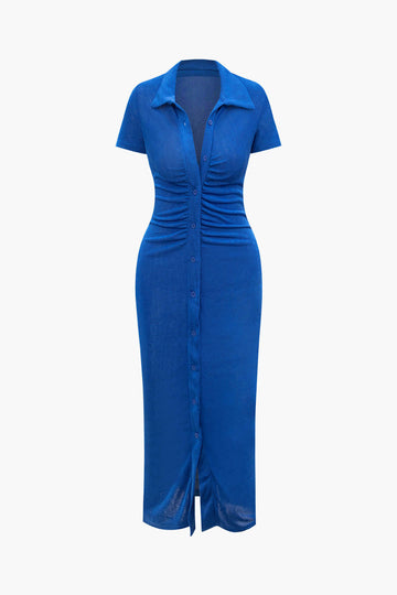 Solid Ruched Button Up Collar Midi Dress