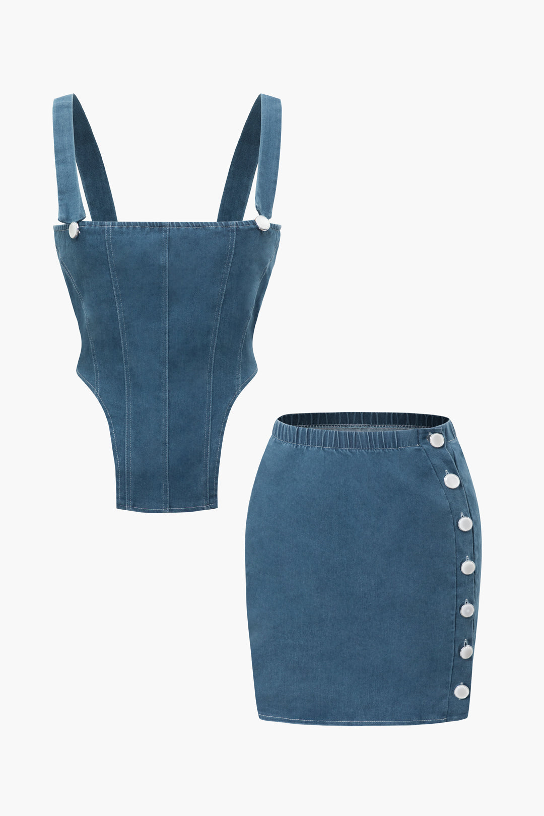 Denim V-Shaped Cami Top And Button Mini Skirt  Set